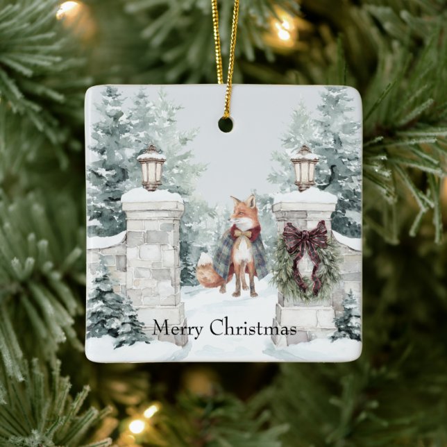 Fox Green Coat Snow Christmas Keramikornament (Baum)