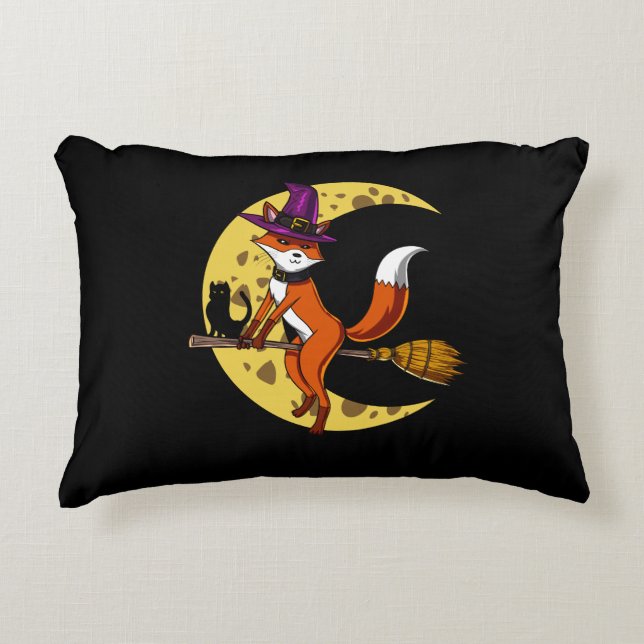 Fox Hexe RIding a Broom Funny Halloween Animal Dekokissen (Vorderseite)