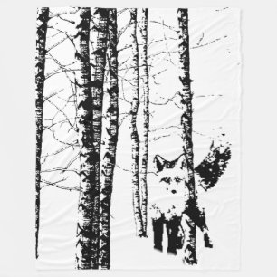 Fox in Birch Tree Forest Black Silhouette Fleecedecke