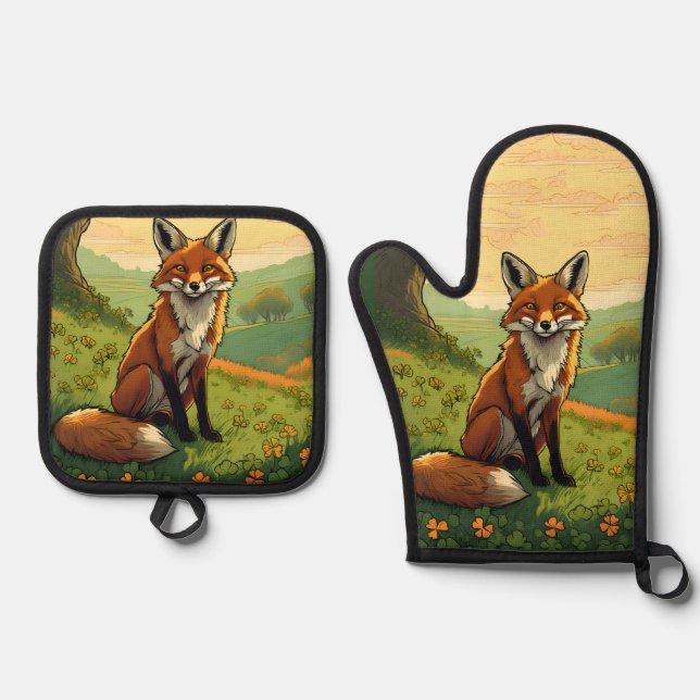 Fox in den Kleeblättern Ofenhandschuh & Topflappen-Set (Vorderseite)