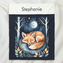 Fox in Moonlit Forest Watercolor Whimsical Cute Fleecedecke