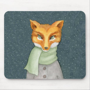 Fox in Winter Scarf Illustration Mousepad