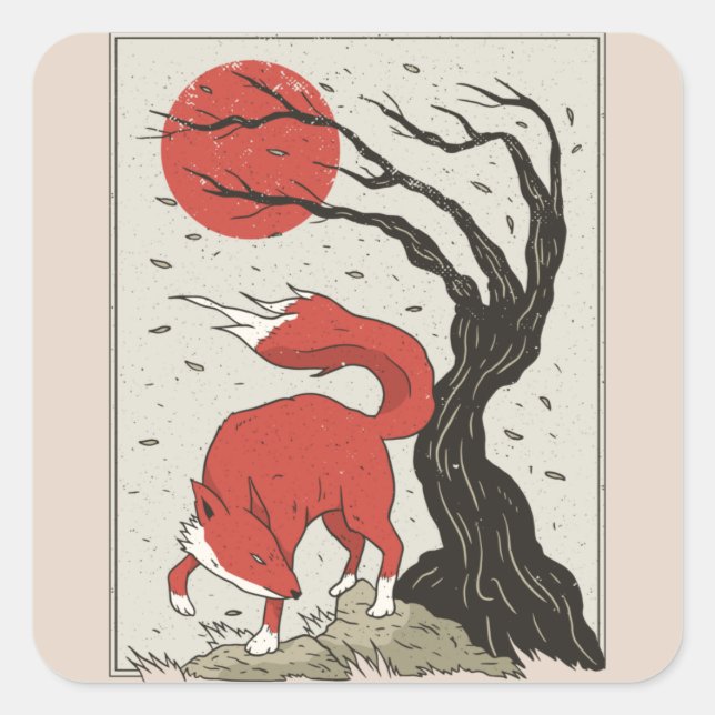 Fox Japanese Art Quadratischer Aufkleber (Vorderseite)