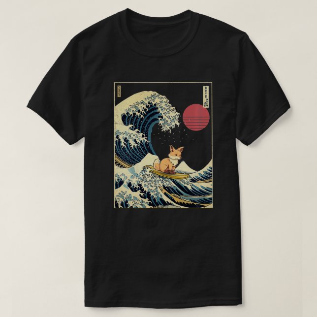 Fox Japanese Kanagawa Wave Funny Surf Animal T-Shirt (Design vorne)