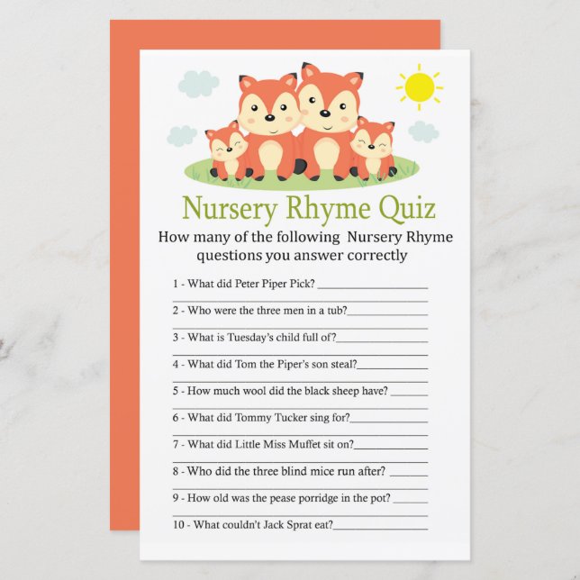 Fox Kinderzimmer Rhyme Quiz Babyduschenspiel (Vorne/Hinten)