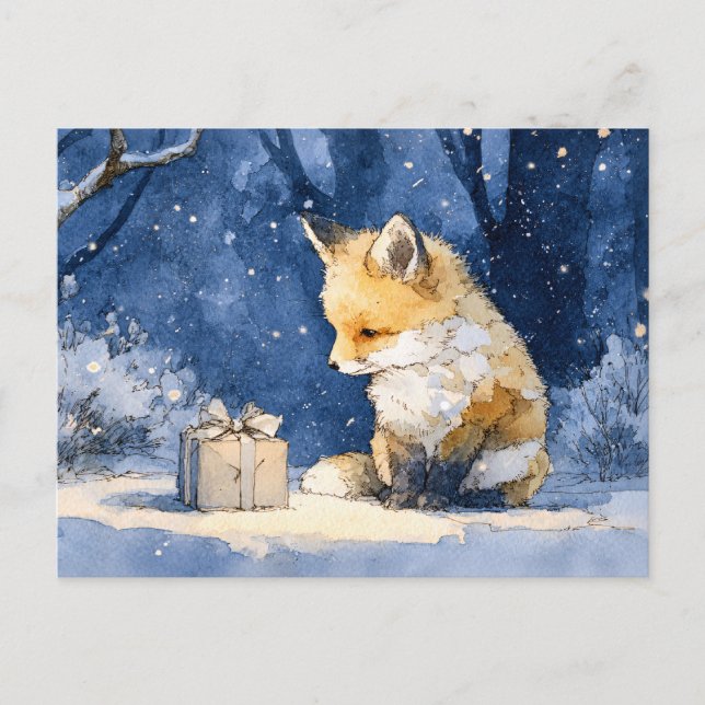 Fox Kit and the Gift Watercolor Postkarte (Vorderseite)