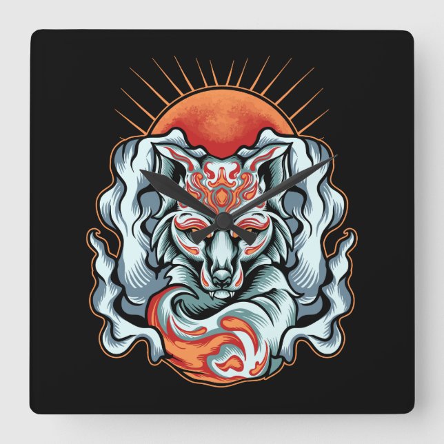 Fox    KitsuneSquare Wall Clock Quadratische Wanduhr (Vorderseite)