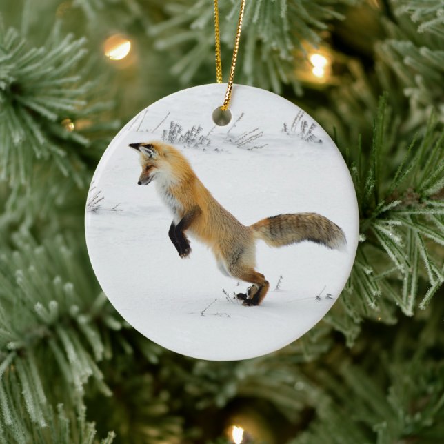 Fox Leaping Snow Foto Keramik Ornament (Baum)
