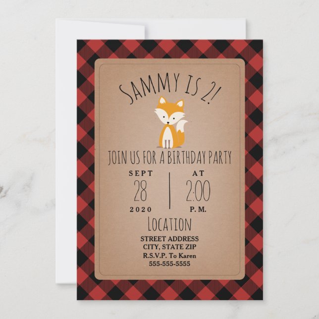 Fox Lumberjack Kariert Geburtstagsparty Einladung (Vorderseite)
