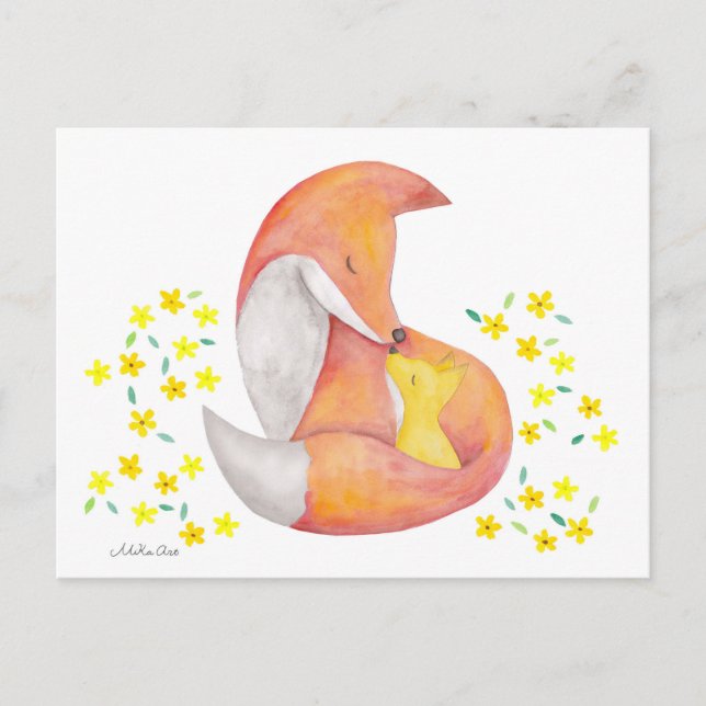 Fox Mama Baby Postcard Red Fox Aqua Art Card Postkarte (Vorderseite)
