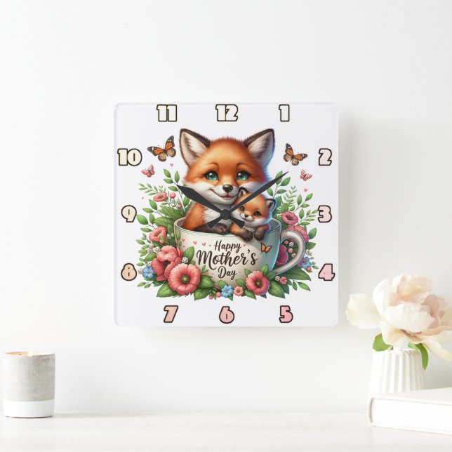 Fox-Mama: Cub, Blume, Muttertag Quadratische Wanduhr (Zuhause)