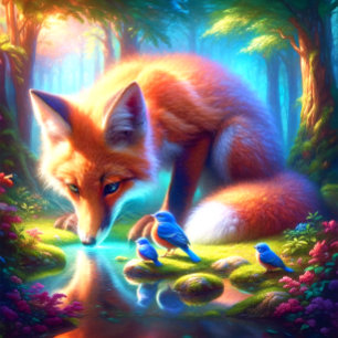 Fox mit amerikanischen Robins im Wald Puzzle