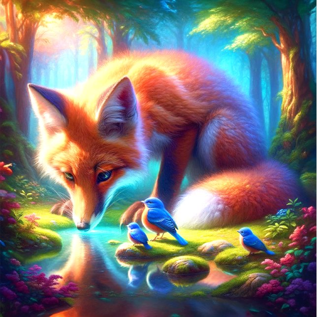 Fox mit amerikanischen Robins im Wald Puzzle (Escape to nature's embrace with the Fox and American Robins puzzle. Serenity awaits!)