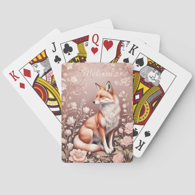 Fox mit Dreamy Pink Floral - Personalisierter Name Spielkarten (Rückseite)