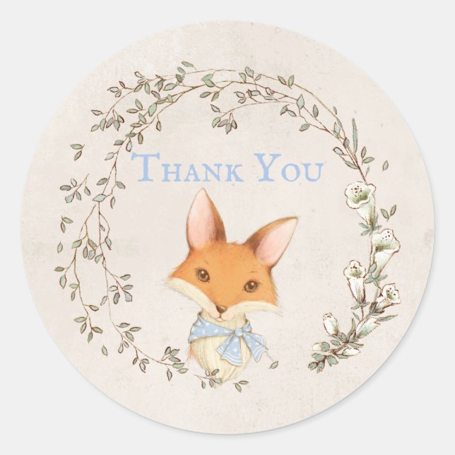 Fox mit Floral Wreath Blue "Danke" Aufkleber (Vorderseite)