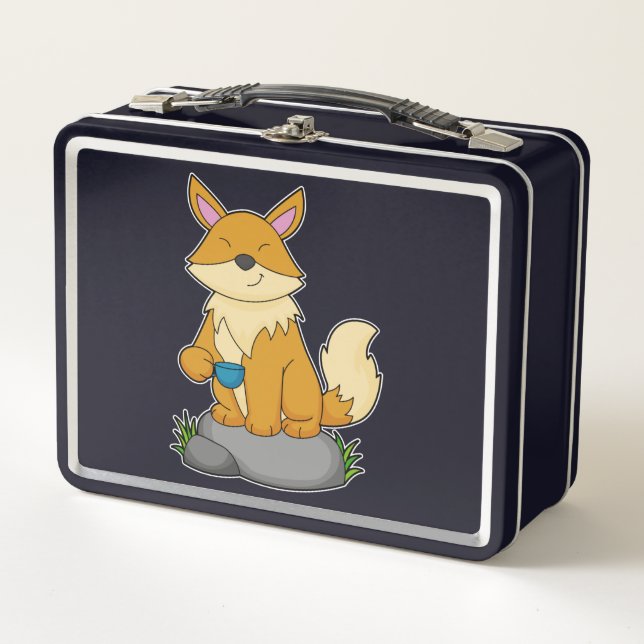 Fox mit Kaffeetasse Metall Brotdose (Vorderseite)
