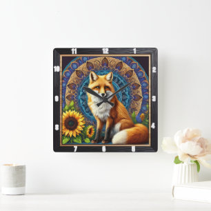 Fox mit Mandala und Sonnenblumen Lebendige Farben Quadratische Wanduhr