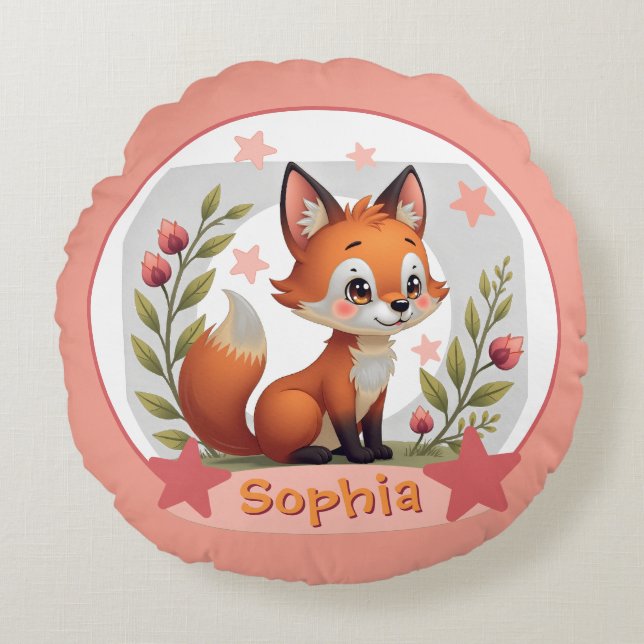 Fox mit Name Typografie Rundes Kissen (Vorderseite)