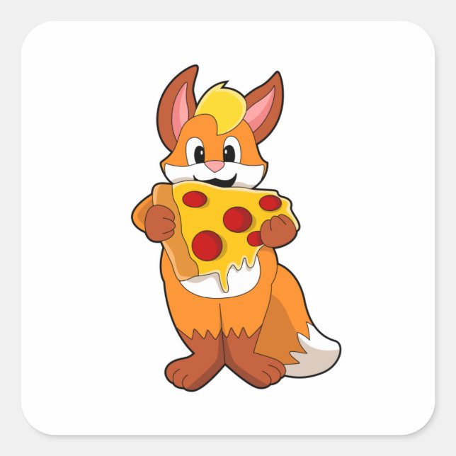 Fox mit Pizza Quadratischer Aufkleber (Vorderseite)