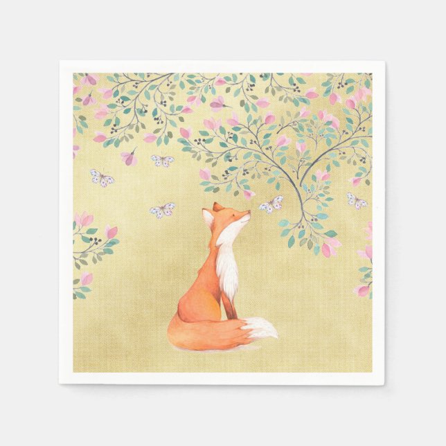 Fox mit Schmetterlingen und rosa Blume Serviette (Vorderseite)