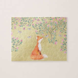 Fox mit Schmetterlingen und rosa Blumen Puzzle
