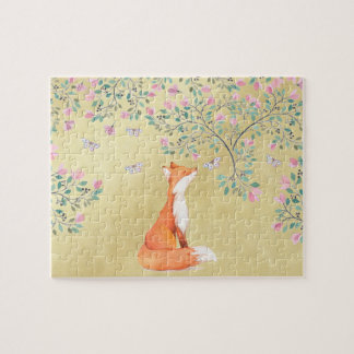 Fox mit Schmetterlingen und rosa Blumen Puzzle