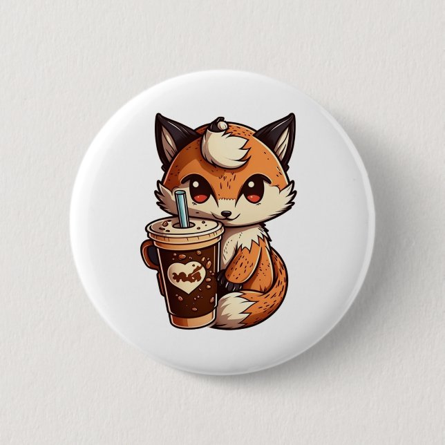 Fox mit Tasse Button (Vorderseite)