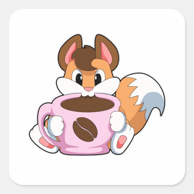 Fox mit Tasse Kaffee Quadratischer Aufkleber (Vorderseite)