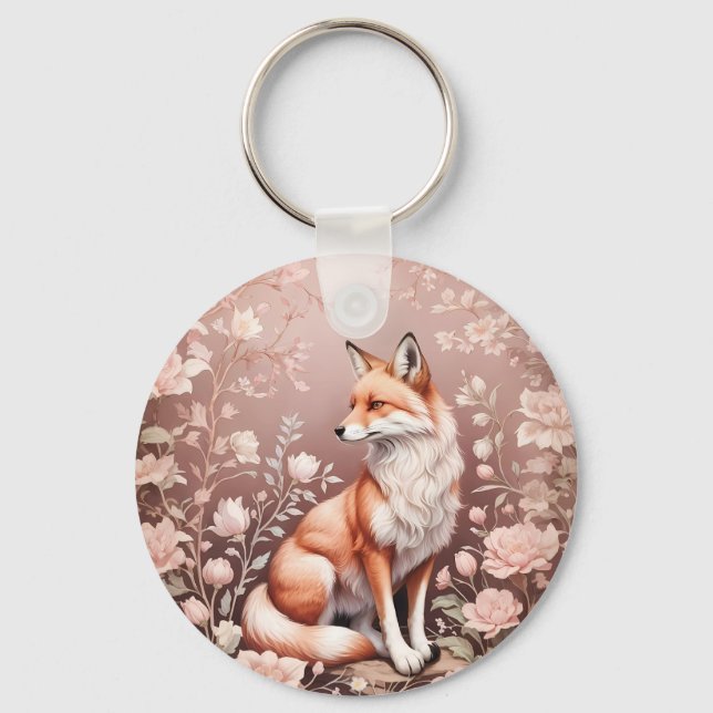 Fox mit traumhaft rosa Blüte Schlüsselanhänger (Vorderseite)