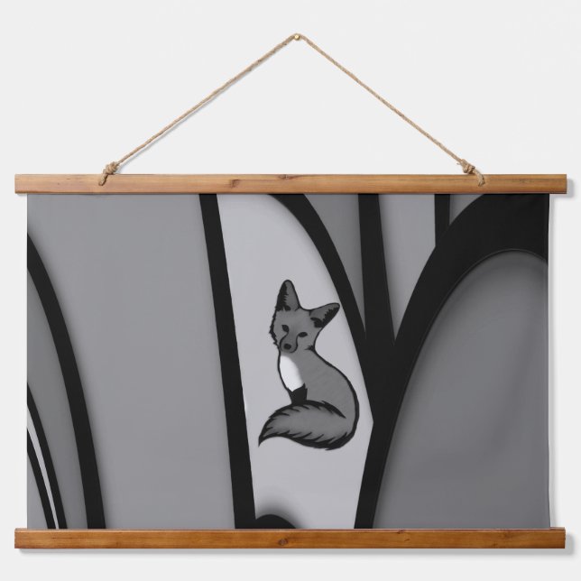 Fox Modern Art Design in Silver Wandteppich Mit Holzrahmen (Vorne)