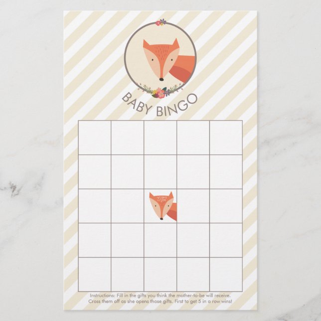 Fox Neutral Baby Shower Games Bingo (Vorderseite)