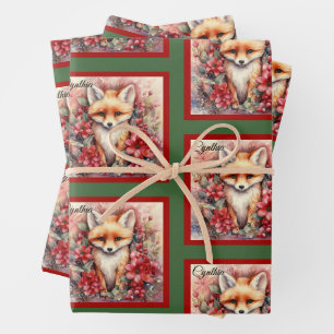 Fox Niedliche Weihnachtsnachtsnacht Name Bloral Geschenkpapier Set