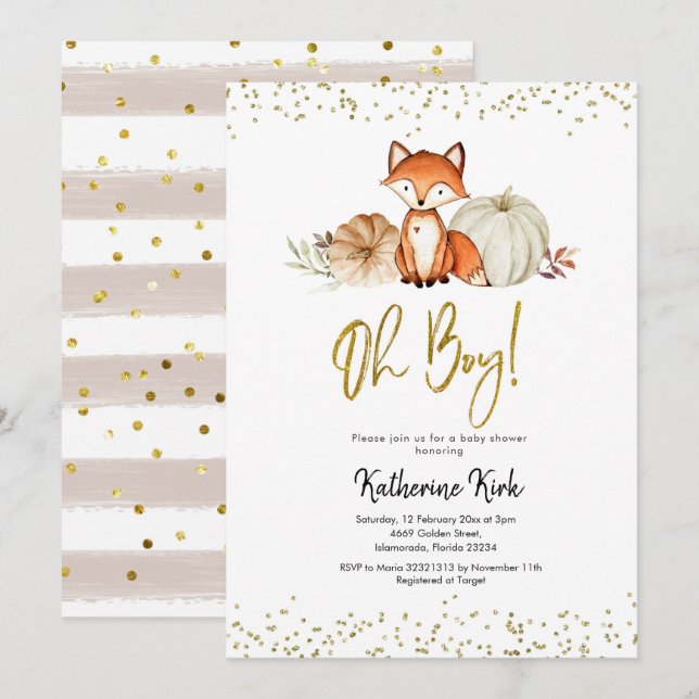 Fox Oh Boy Fall Pumpkin Baby Dusche Einladung (Vorne/Hinten)