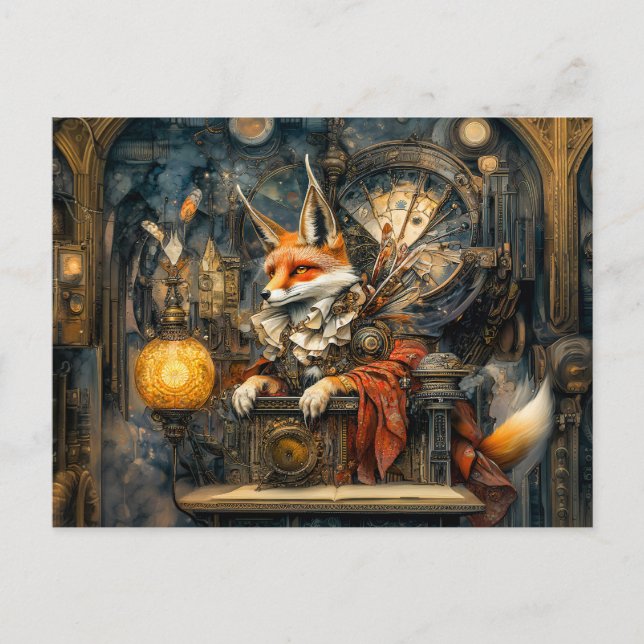 Fox on a Steampunk Pulpit in mystischer Szene Postkarte (Vorderseite)