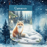 Fox on a Winter Night in Magical Forest Großer Weihnachtsstrumpf<br><div class="desc">Personalisierter Strumpf zu Weihnachten. Eine niedliche ai Aquarell Illustration eines Fuchses,  der in einer kalten Winternacht in einem magischen Winterwunderland im Schnee sitzt.</div>