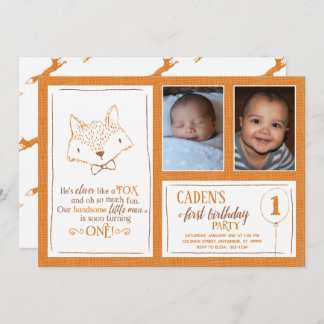 Fox Orange White 1. Geburtstag Foto Einladung
