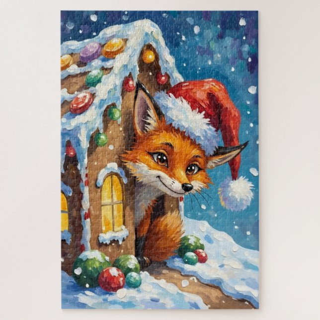 Fox Peeking from Gingerbread House Hat Puzzle (Vertikal)