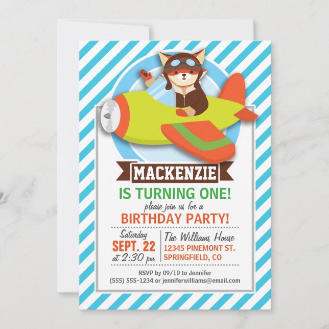 Fox-Pilot im Flugzeug von grün und orange; blaue S Einladung (Vorderseite)