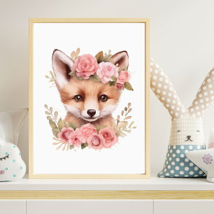 Fox Pink Floral Girl Kinderzimmer Print Poster