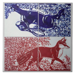 Fox, Rabbit Floral Navy Blue Red Zeichnend Keramik Fliese