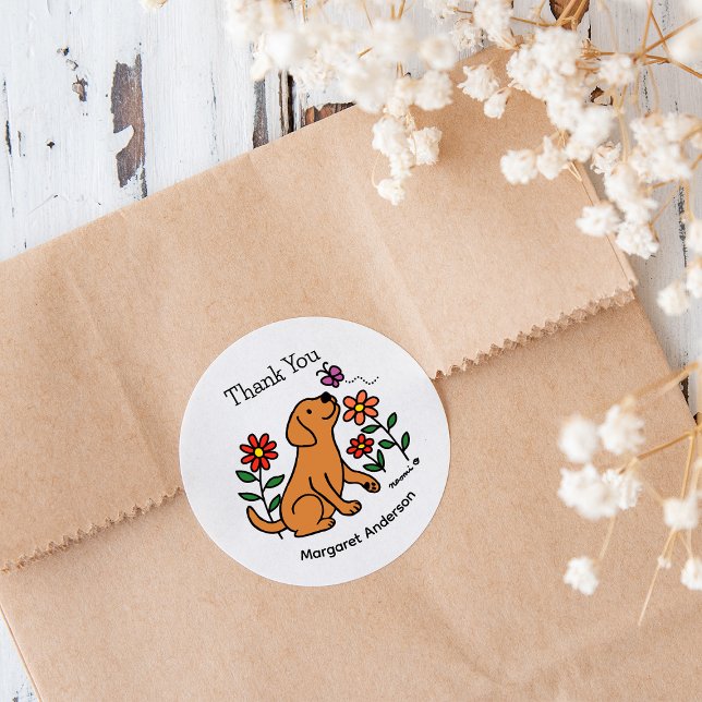 Fox Red Labrador Blume Cartoon Runder Aufkleber (Fox Red Labrador Flowers Cartoon Stickers for Labrador Owners.  Cute dog design.  Personalized.)