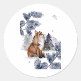 Fox sieht den Mond im Winter Runder Aufkleber