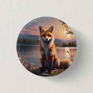 Fox sitzt am See im Sonnenuntergang. Button