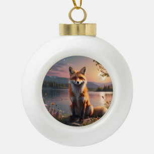 Fox sitzt am See im Sonnenuntergang. Keramik Kugel-Ornament