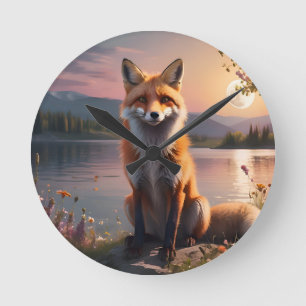 Fox sitzt am See im Sonnenuntergang. Runde Wanduhr