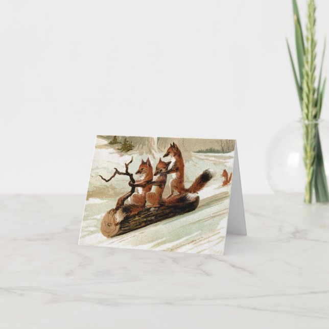 Fox Sleigh Ride Vintag Print Feiertagskarte (Vorderseite)