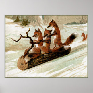 Fox Sleigh Ride Vintag Print Poster