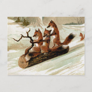 Fox Sleigh Ride Vintag Print Postkarte