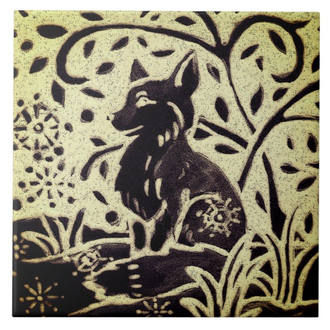 Fox Snow Gray Green Stoneware Winter Woodland Art Fliese (Vorderseite)