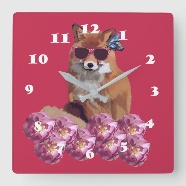 Fox, Sonnenbrille, Pink Wall Clock Quadratische Wanduhr (Vorderseite)